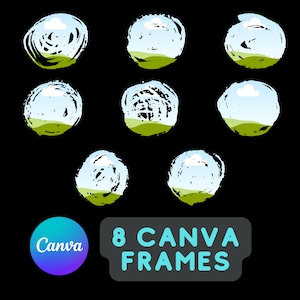Puede incluir: Ocho marcos circulares de Canva con un diseño de campo verde, cielo azul y nube blanca. El texto "8 CANVA FRAMES" está debajo de los marcos.