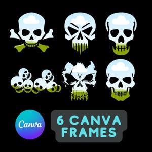 Puede incluir: Seis diseños de calaveras con motivos de cielo y paisaje, en blanco, verde y azul, sobre un fondo negro. El texto "6 CANVA FRAMES" está incluido.