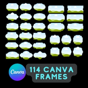 Puede incluir: Un conjunto de 114 marcos de Canva con una variedad de formas y tamaños con un diseño de paisaje verde, azul y blanco. El texto "114 CANVA FRAMES" se muestra debajo de los marcos.
