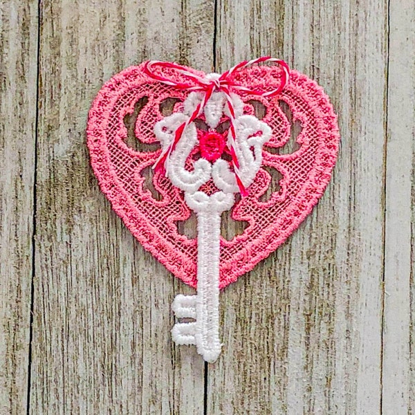 FSL Embroidered Heart Ornament - Anniversary Ornament - Red Heart - Lace Heart - Pink Heart - Key To My Heart Ornament - Wedding Gift