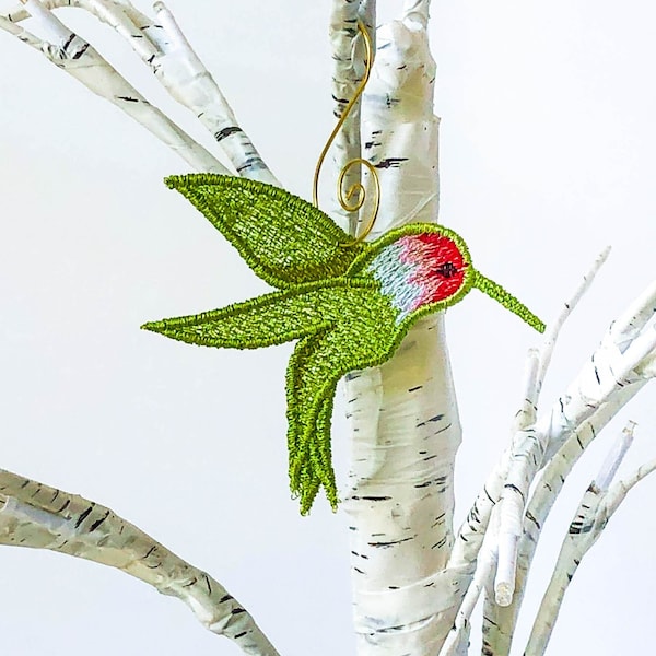 Hummingbird Lover  - Embroidered Bird Ornament - FSL Christmas Ornament - Ruby Throated Hummingbird - Bright Green Flying Hummer