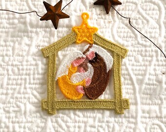 Embroidered Nativity Christmas Ornament - Christmas Nativity - Baby Jesus - Nativity Scene - Holy Family in Stable - Mary, Joseph, and Jesus
