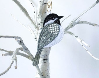 Embroidered Chickadee  - Christmas Ornament - Bird Ornament - FSL Ornament - Gift for Bird Lover - Black-Capped Chickadee Ornament