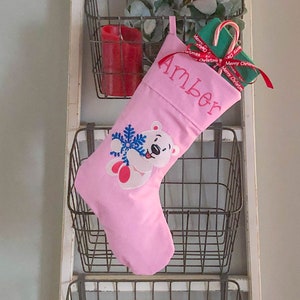 Polar Bear with Snowflake - Embroidered Personalized Christmas Stocking - Girl Pink Stocking - Medium Sparkly Stocking - First Christmas