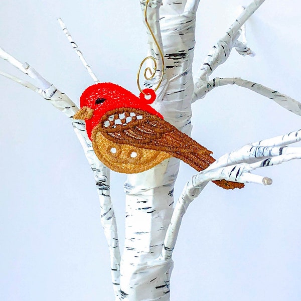 Embroidered House Finch - Bird Ornament - FSL Christmas Ornament - Bird Lover Gift - Lace Finch Ornament - Brown Orange Tan Bird