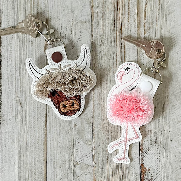 Highland Cow Key Fob - Cow Key Chain Snap Tab - Fringed Chenille - Bag Tag - New Driver Gift - Pink Flamingo Key Chain - White Faux Leather