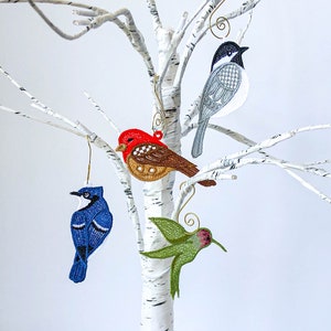 Embroidered Bird Ornament Set - Spring Summer Birds - Blue Jay - Hummingbird Ornament - Finch - Black-Capped Chickadee - Bird Lover Gift