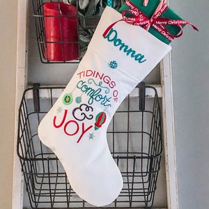 White Embroidered Personalized Christmas Stocking - Sparkly Ornaments Stocking - Christmas Carol - Stocking for Her - Name Stocking