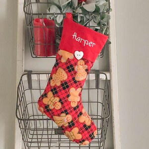 Embroidered Personalized Christmas Stocking - GingerbreadMan - Red Black Plaid - Holiday Cookies - Child Medium Stocking - Gingerbread Woman