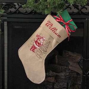 Embroidered Personalized Christmas Stocking - Vintage Christmas - Old Time Santa - Rustic Linen Tan Burgundy Stocking - Holiday Decor