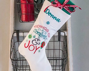 White Embroidered Personalized Christmas Stocking - Sparkly Ornaments Stocking - Christmas Carol - Stocking for Her - Name Stocking