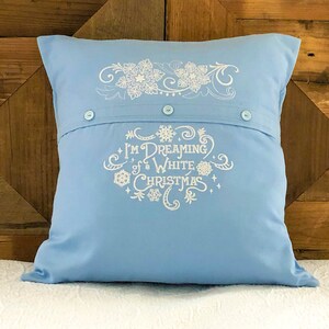 Embroidered Throw Pillow Cover - Square Blue Pillow - White Christmas - Holiday Pillow Cover - Snowflakes Pillow - Christmas Accent Pillow