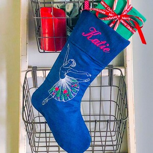 Ballerina Stocking - Embroidered Personalized Christmas Stocking - Denim and Pink Stocking - Ballet Girl - Dancer Floral Tutu - All Cotton