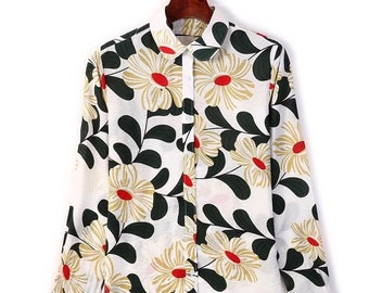 Elegant cotton silk vintage collar button up blouse printed