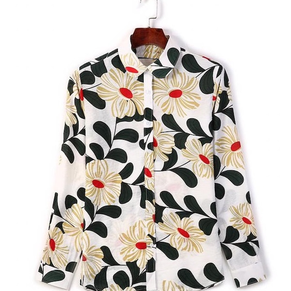 Elegant cotton silk vintage collar button up blouse printed