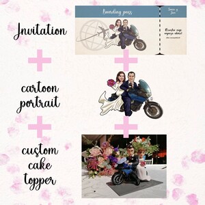 Wedding pack cake toppers, cartoon portrait and invitation desing fiancé groom wife customizable personalizada