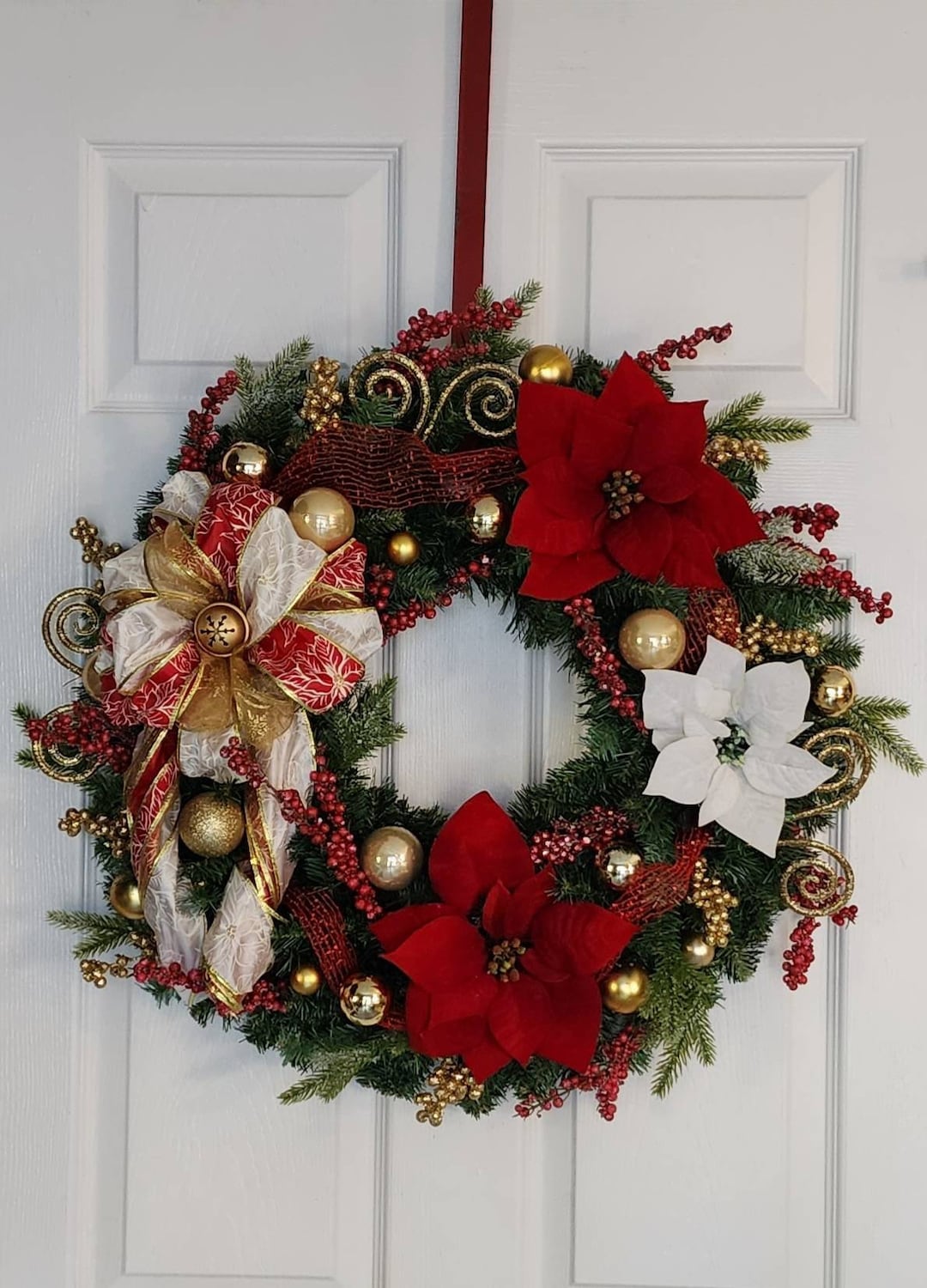 Poinsettia Wreath, Red and Gold 24in Christmas Wreath, Christmas Wreath ...