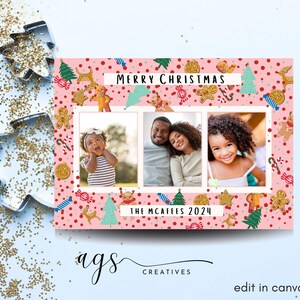 Carte de Noël en pain d'épice, carte de Noël rose, carte de Noël modifiable, carte de Noël jeune et amusante, carte photo de Noël, modèle