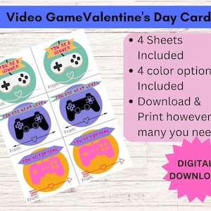 Video game kids valentines printable, gamer valentines card, valentines cards for kids, digital valentines day card, girl gamer valentine