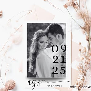 Mariage minimaliste moderne, réservez votre date, carte photo, recto-verso, mariage modifiable, noir et blanc, numérique, imprimable, modèle