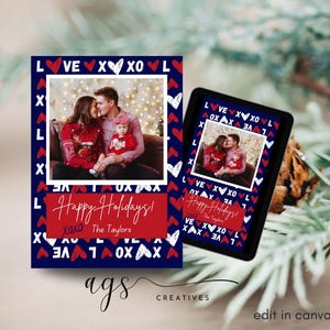 Blauwe kerstkaart, XOXO Happy Holidays-kaart, bewerkbare kerstkaart, neutrale kerstkaart, vakantiefotokaart, kerstkaart, Chanoekakaart