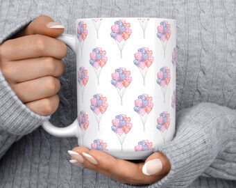 Heart Balloon Pattern 15oz Coffee Mug | Celebration Gift | Watercolor Artwork