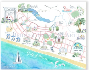 Seaside Florida Map | Watercolor Art Print | Beach Art | South Walton | 30A Florida | Scenic 30A | Beach House Decor | Wall Art