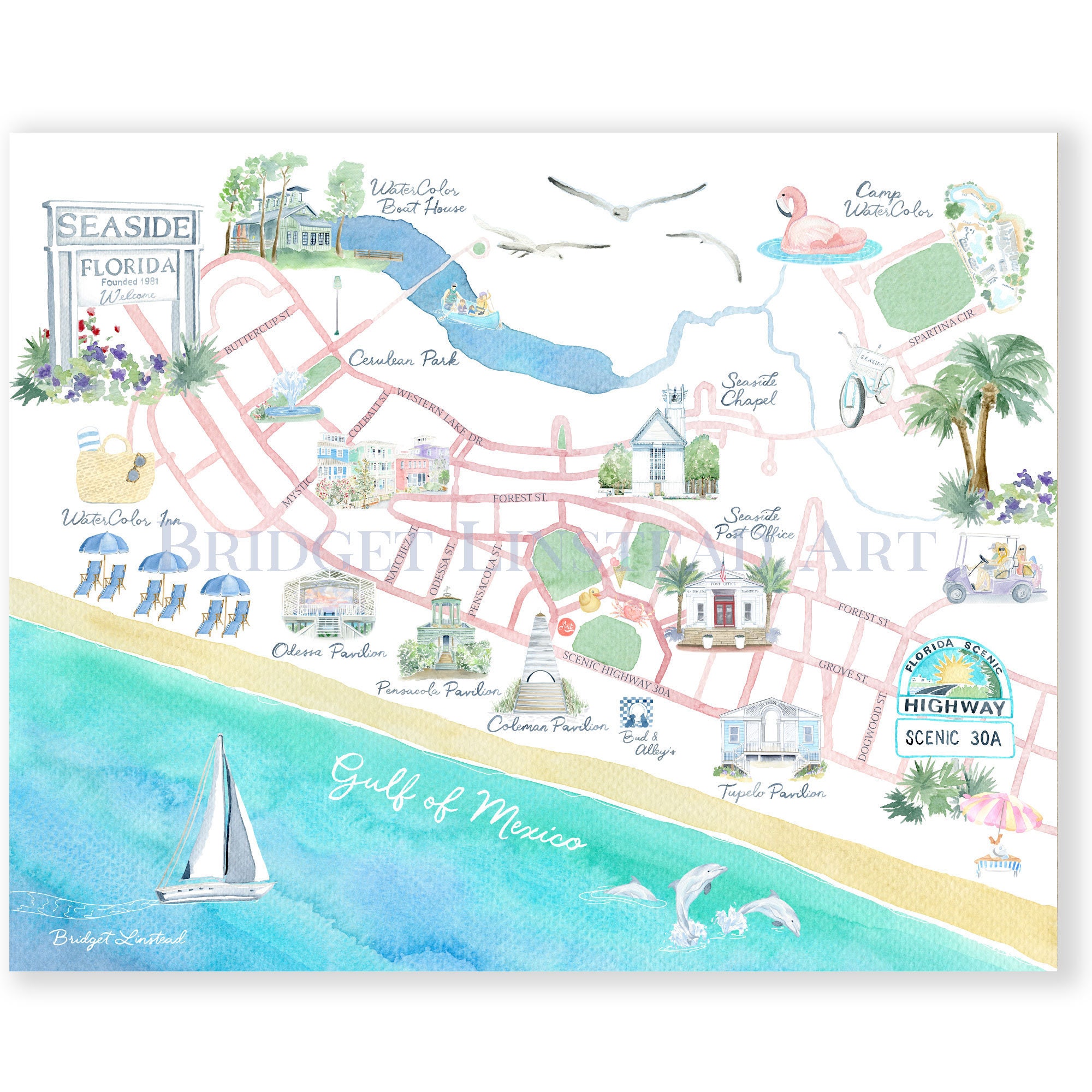 Seaside Florida Watercolor Map Art Print: South Walton Beach House Decor -  Etsy Sweden, image size:2000x2000