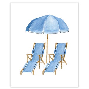 30A &quot;Blue Umbrella Beach Chairs&quot; Watercolor Art Print | Inspired by Seaside, Florida