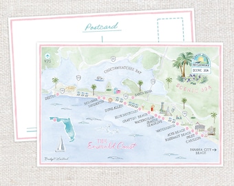 Scenic 30A Map Postcard | 4x6 Stationery | Beach Trip Postcard | Watercolor Gift Ideas