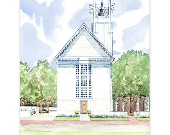 Seaside Chapel Watercolor Art Print: Florida 30A Beach Wedding