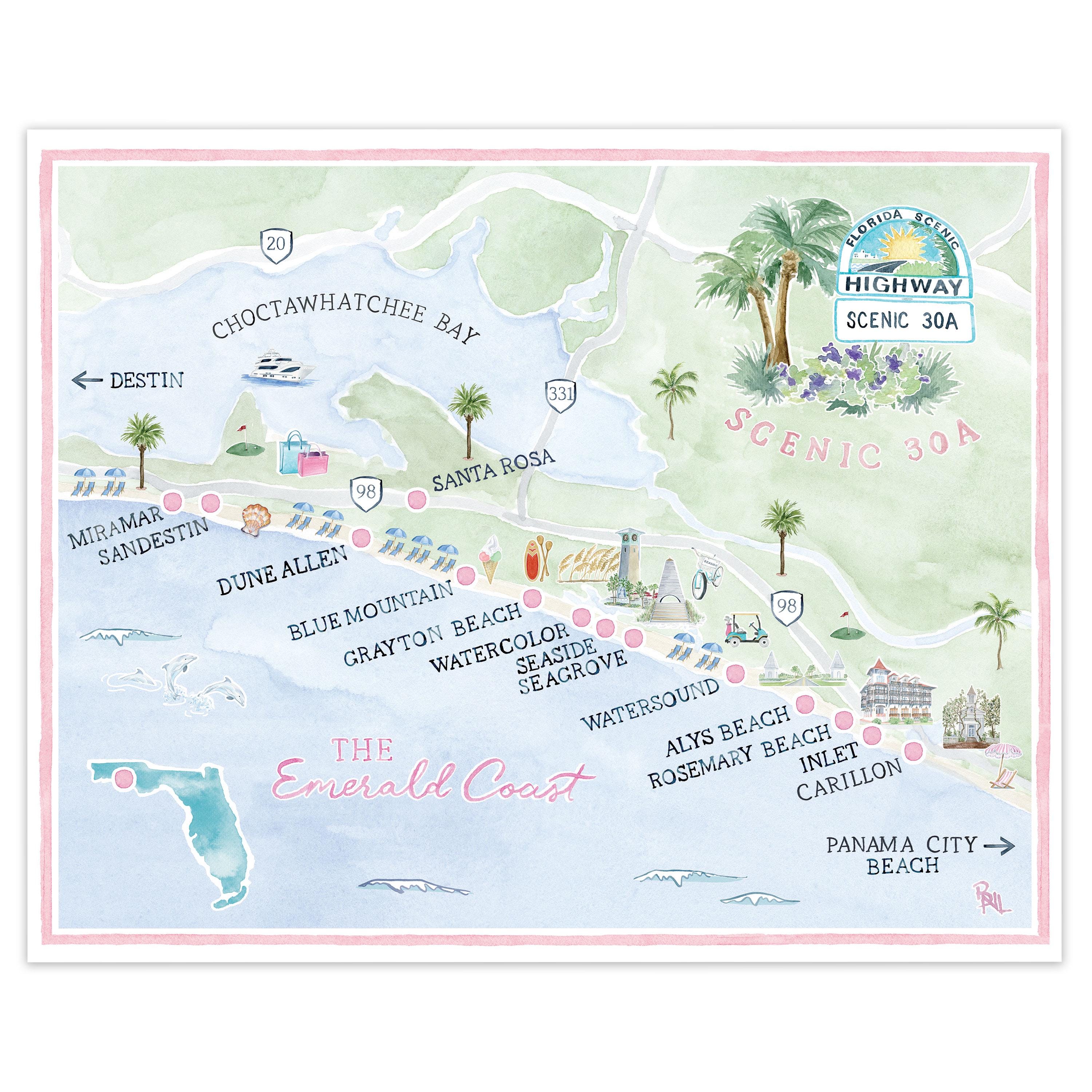Scenic 30A Watercolor Map Art Print: Florida Beach House Decor - Etsy, image size:3000x3000