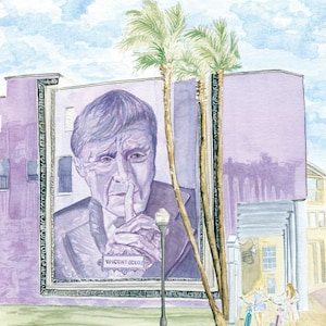May include: Watercolor painting of a mural on a building. The mural features a portrait of a man with a finger to his lips, with the name "VINCENT SCULLY" below. Palm trees and two women on bicycles are also in the image.