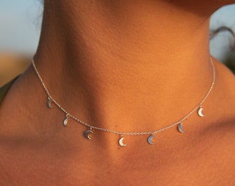 Sterling Silver Crescent Moon Tiny Charm Necklace, Boho Chokers, Layering Necklace, Handmade Festival jewellery Celestial, Christmas Gift UK