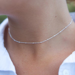 925 Sterling Silver Bead Chain, Indie Plain Choker Necklace, 90s Satellite Chain Necklace Dainty Necklace, Layering Chain Christmas Gift UK