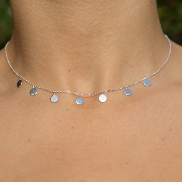 Collier de disque en argent sterling, Choker de chaîne, Choker perlé, Bijoux Boho, Collier de superposition de pièces de monnaie, Collier multidisque, Bijoux de festival
