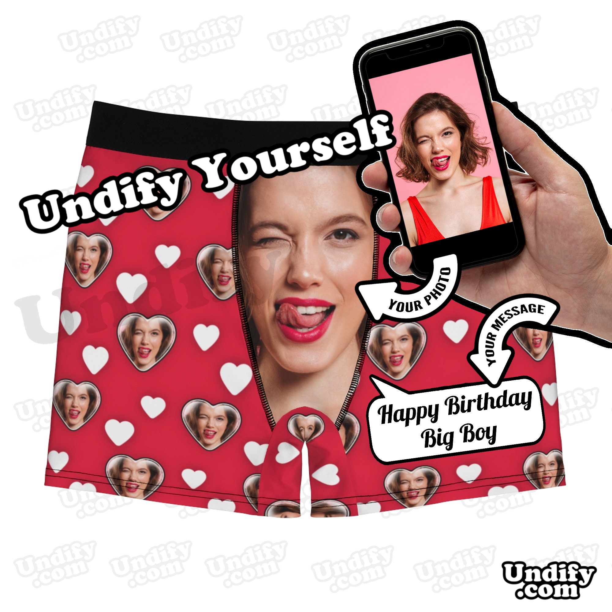 UNDIFY YOURSELF - Love Heart Boxer Briefs. Custom Face Photo Underwea…