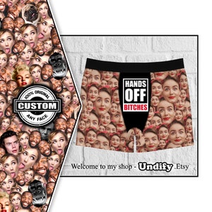 CUSTOM BOXERS (funny slogan) Hands Off Bitches. Face Mashup. Personalized Photo Men's Briefs Birthday Christmas Wedding Valentine's Day gift