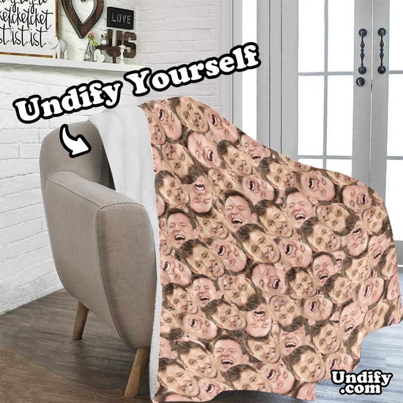 May include: A custom blanket draped over a beige armchair. The blanket features a repeating pattern of a person's face, with a white sherpa lining. The text "Undify Yourself" is in a speech bubble. The website "Undify.com" is in the bottom right corner.