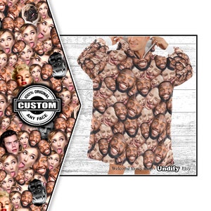 May include: A hooded sweatshirt with a pattern of many different faces. The faces are all close-up and the pattern is repeated all over the garment. The text "Welcome to my shop - Undify. Etsy" is printed on the bottom of the sweatshirt.