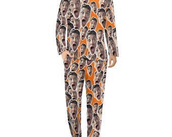 CONJUNTO DE PIJAMA PERSONALIZADO. Rostos espalhados aleatoriamente, foto personalizada, pijama, terno, parte superior, parte inferior, aniversário, natal, dia dos namorados, presente, namorado, ele, ela