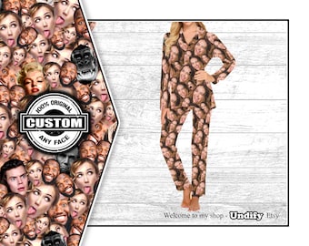 CUSTOM WOMENS PAJAMAS - Ladies Long Pyjama Set With Faces All Over. Personalised Sleep Or Loungewear For Her. Valentines Christmas Birthday.