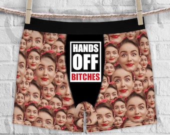CUSTOM BOXERS (funny slogan) Hands Off Bitches. Face Mashup. Personalized Photo Men's Briefs Birthday Christmas Wedding Valentine's Day gift