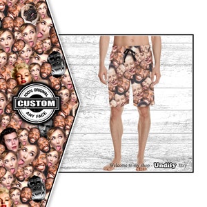 May include: A pair of men's swim trunks with a custom face print. The print features a variety of faces, including celebrities and everyday people. The trunks are made of a lightweight, quick-drying fabric and are perfect for a day at the beach or pool. 100% Original Custom Any Face.