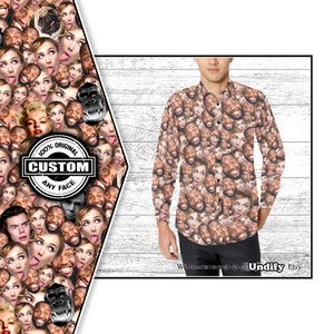 May include: A long-sleeved button-down shirt with a custom print of many faces. The shirt is brown and has a white background. The text "100% Original Custom Any Face" is printed on the shirt.