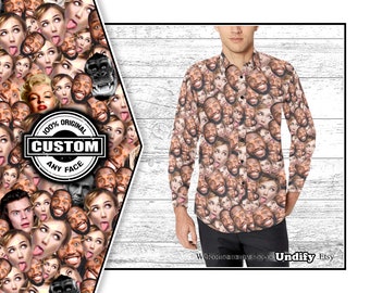 CAMISA PERSONALIZADA (Manga Longa). Mashup Faces. Foto de rosto personalizada Faces All Over Presente engraçado Smart Casual.