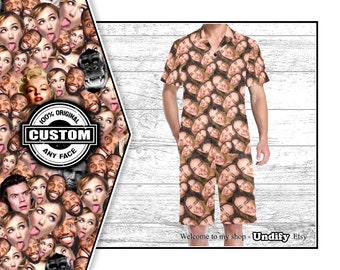 PIJAMAS PERSONALIZADOS PARA HOMENS - Conjunto de pijama curto de verão com rostos por toda parte. Roupa de dormir ou de estar personalizada para ele. Dia dos namorados, aniversário, Natal