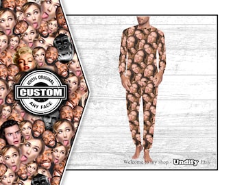 May include: A person wearing a full-body pajama suit with a pattern of many faces. The suit is brown and has a long-sleeved top and pants. The text "100% ORIGINAL CUSTOM ANY FACE" is on a black and white circle in the corner of the image.