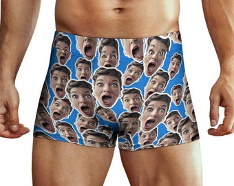 CUSTOM BOXER BRIEFS. Rostos espalhados aleatoriamente Foto personalizada Boxer Shorts Aniversário Natal Dia dos Namorados Presente para ele Homens Cueca Azul