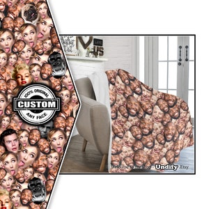 May include: A custom blanket featuring a repeating pattern of various faces. The blanket is draped over a beige armchair. The words "100% ORIGINAL CUSTOM ANY FACE" are visible on the left. The text "Welcome to my shop - Undify .Etsy" is at the bottom.